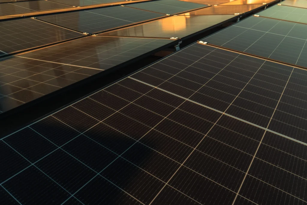 Solarmodule reflektieren Licht, installiert auf einem Dach, in warmem Sonnenlicht.