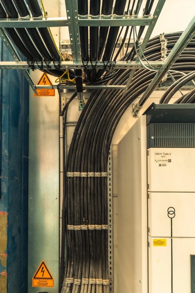 Kabelstränge verlaufen durch Metallhalterungen neben elektrischen Schaltschränken in einem industriellen Raum.