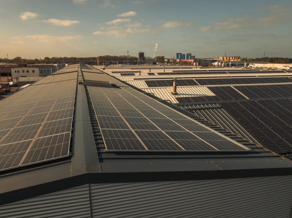 Solarmodule bedecken das Dach einer Fabrikhalle in einem Industriegebiet bei sonnigem Himmel.