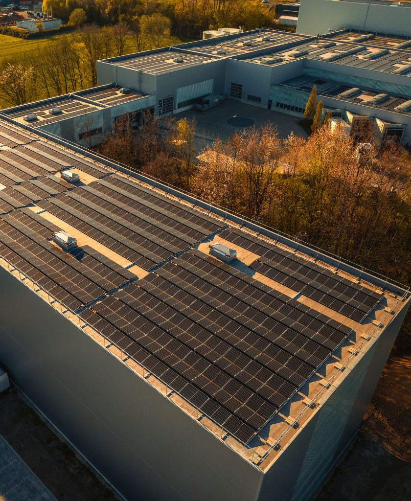 Solarmodule bedecken Flachdach eines großen Industriegebäudes, umgeben von Bäumen und Feldern.