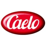 Rotes, ovales Logo mit weißem Schriftzug „Caelo“.