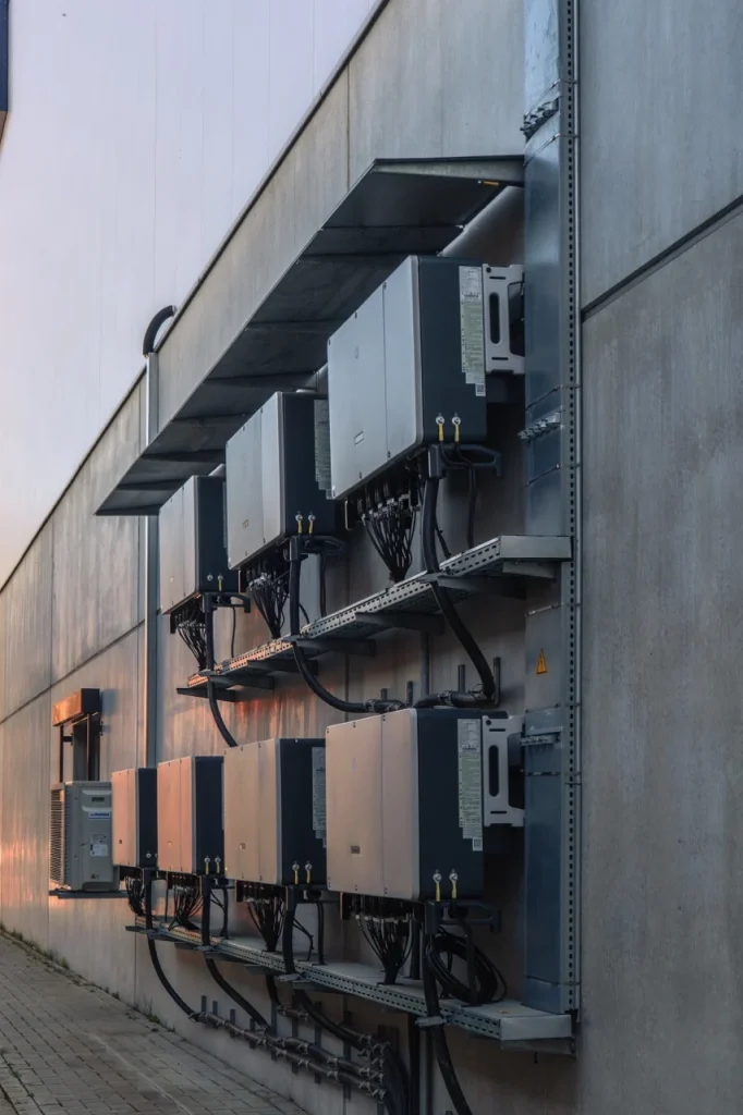 Elektrische Geräte hängen an Wand, verbunden mit Kabeln, in einem industriellen Außenbereich montiert.
