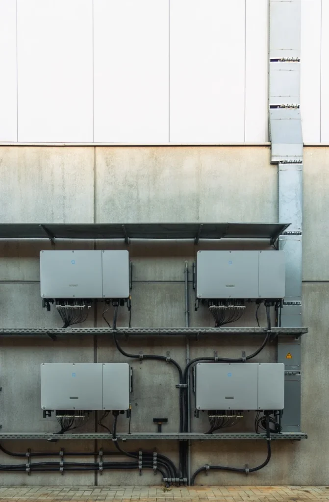 Elektrische Boxen hängen, Kabel verbunden, an einer Betonwand, mit Warnsymbol daneben.
