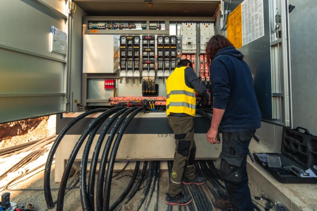 Elektriker reparieren Schaltkasten im Freien, umgeben von vielen dicken schwarzen Kabeln.