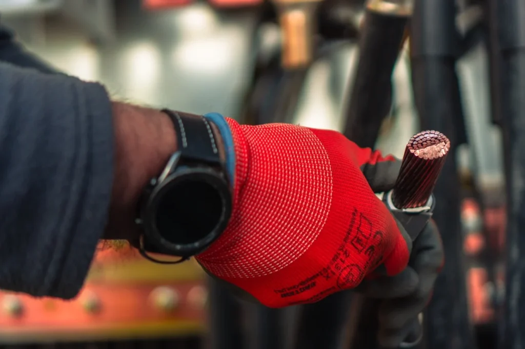 Hand hält ein Kupferkabel, in rotem Handschuh, in industrieller Umgebung.