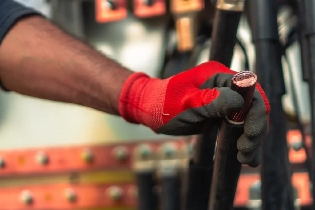 Hand hält ein dickes, kupfernes Stromkabel, während metallische Hintergrundstruktur sichtbar ist.