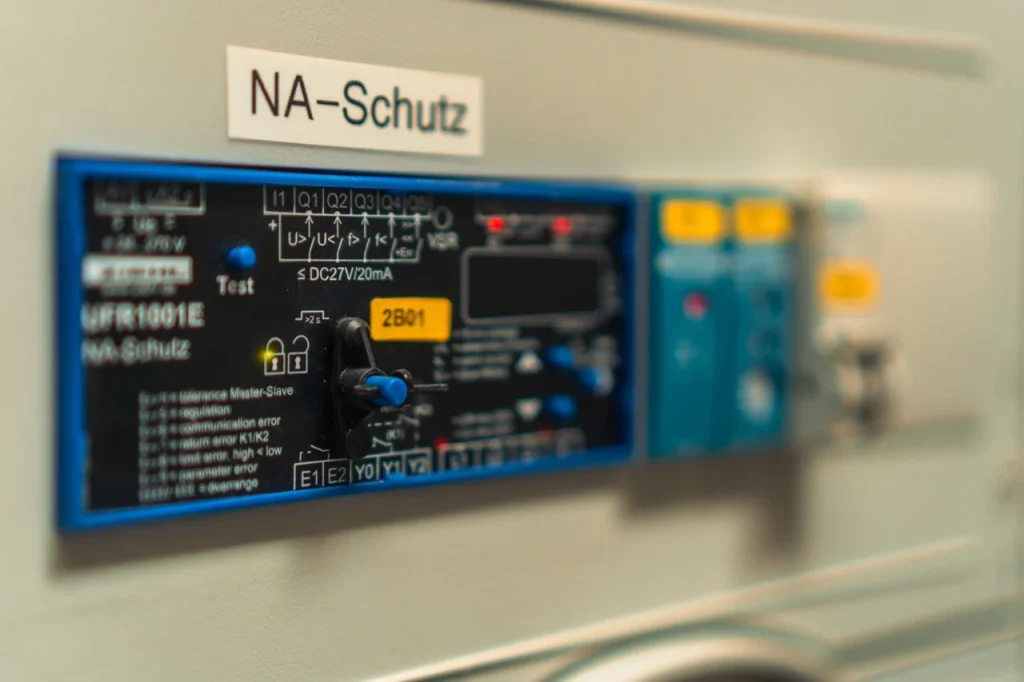 Schalttafel zeigt "NA-Schutz" in technischem Raum, mit Knöpfen und Zahlenanzeigen.