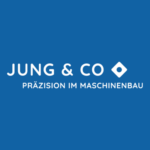 Logo zeigt "JUNG & CO", Text "PRÄZISION IM MASCHINENBAU", auf blauem Hintergrund.