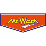 Logo mit Schriftzug "Mr. Wash" auf rotem Hintergrund und blauer Umrandung, Autowasch-Motiv.