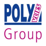 Logo mit blauem "POLY", schrägem "VLIES", darunter pinkem "Group".