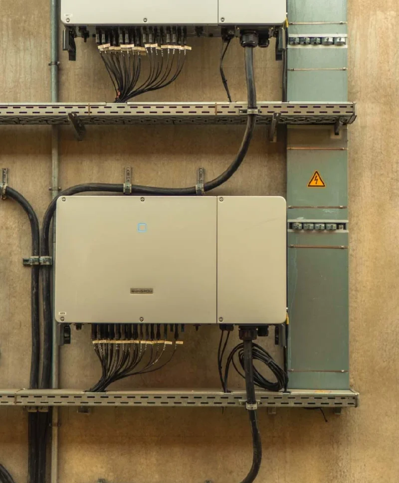 Zwei graue elektronische Geräte hängen an der Wand, Kabel verlaufen darunter und seitlich.