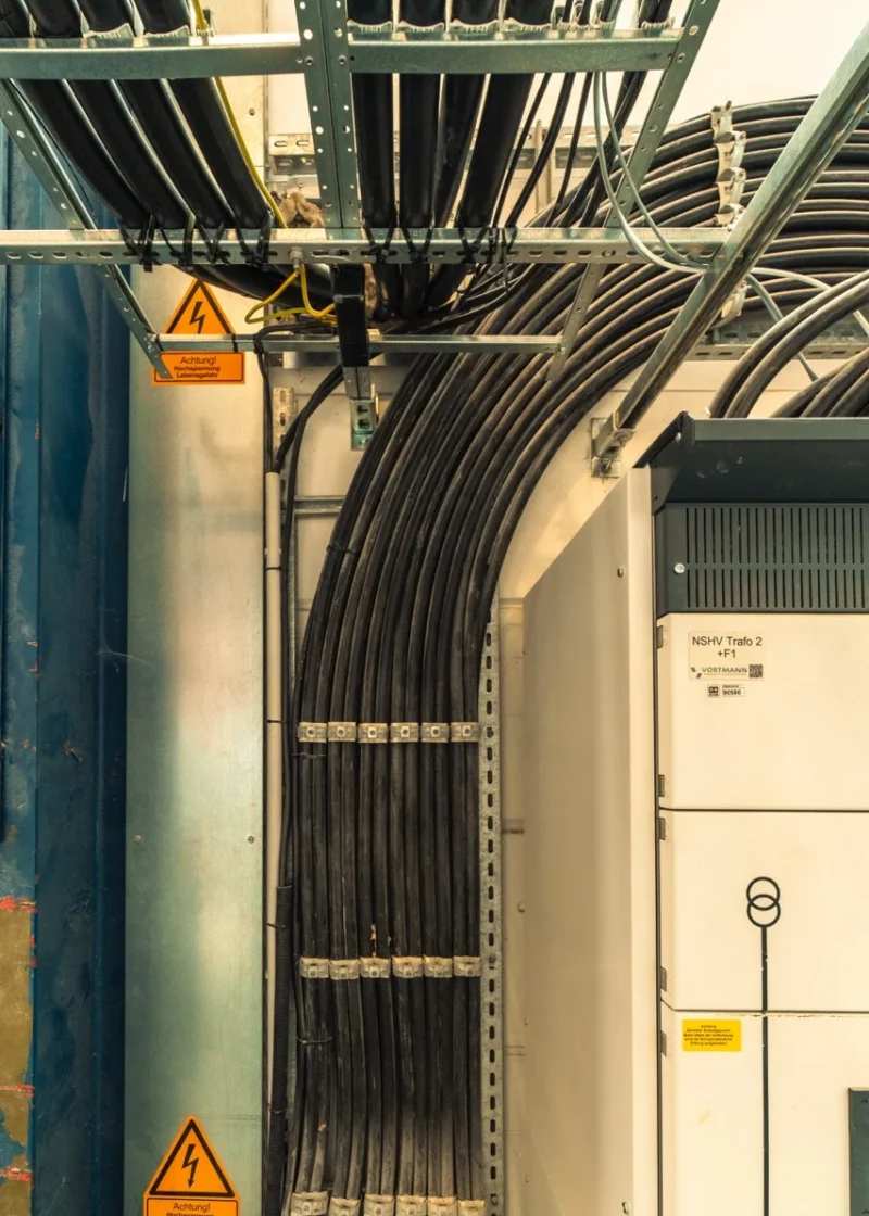 Kabelstränge verlaufen durch Metallhalterungen neben elektrischen Schaltschränken in einem industriellen Raum.