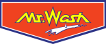 Logo mit Schriftzug "Mr. Wash" auf rotem Hintergrund und blauer Umrandung, Autowasch-Motiv.