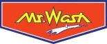Logo mit Schriftzug "Mr. Wash" auf rotem Hintergrund und blauer Umrandung, Autowasch-Motiv.